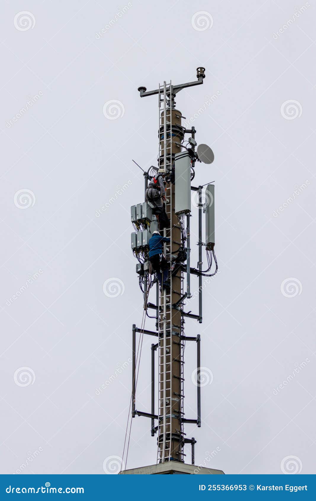 telekom technicians perform work on a transmission tower