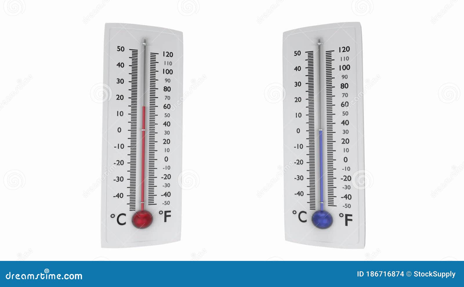 Two Thermometers with Red and Blue Mercury Show Change in Temperature