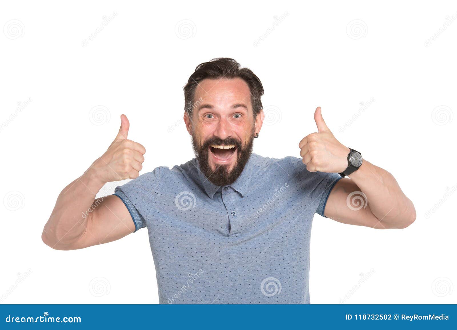 two thumbs up by both hands. emotional man with two thumbs up  on white background. excited bearded guy happy face emotion