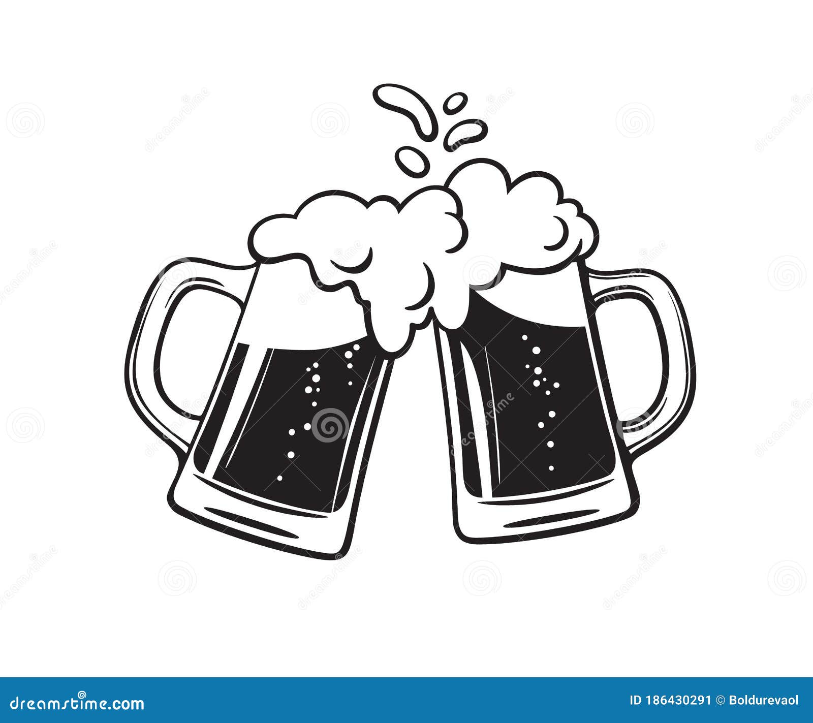 two toasting beer mugs, cheers. clinking glass tankards full of beer and splashed foam. black and white