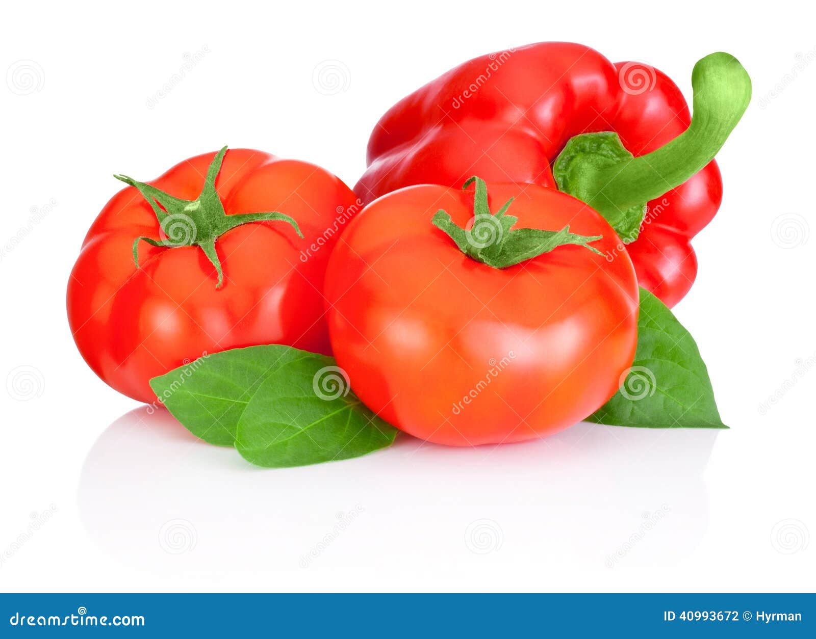 Two Tomatoes, Sweet Red Peppers and Leaves Isolated on White B Stock