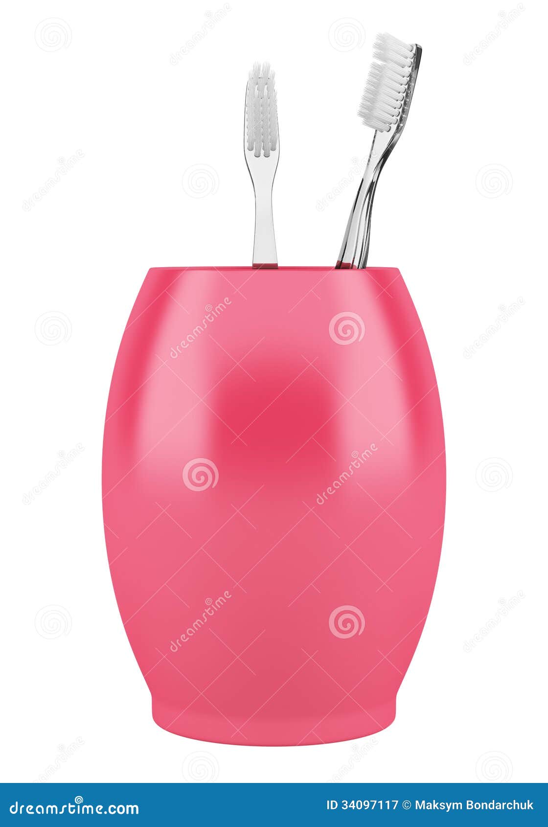 Two Toothbrushes in Pink Bowl Isolated on White Stock Illustration