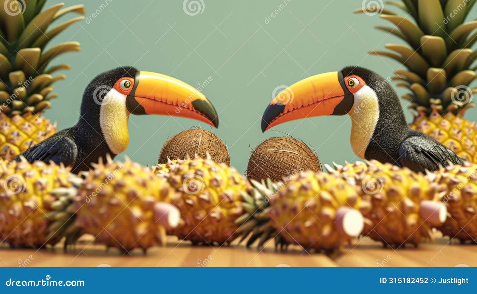 two toucans using their long beaks to roll coconuts down the bowling lane narrowly avoiding knocking over a pile of
