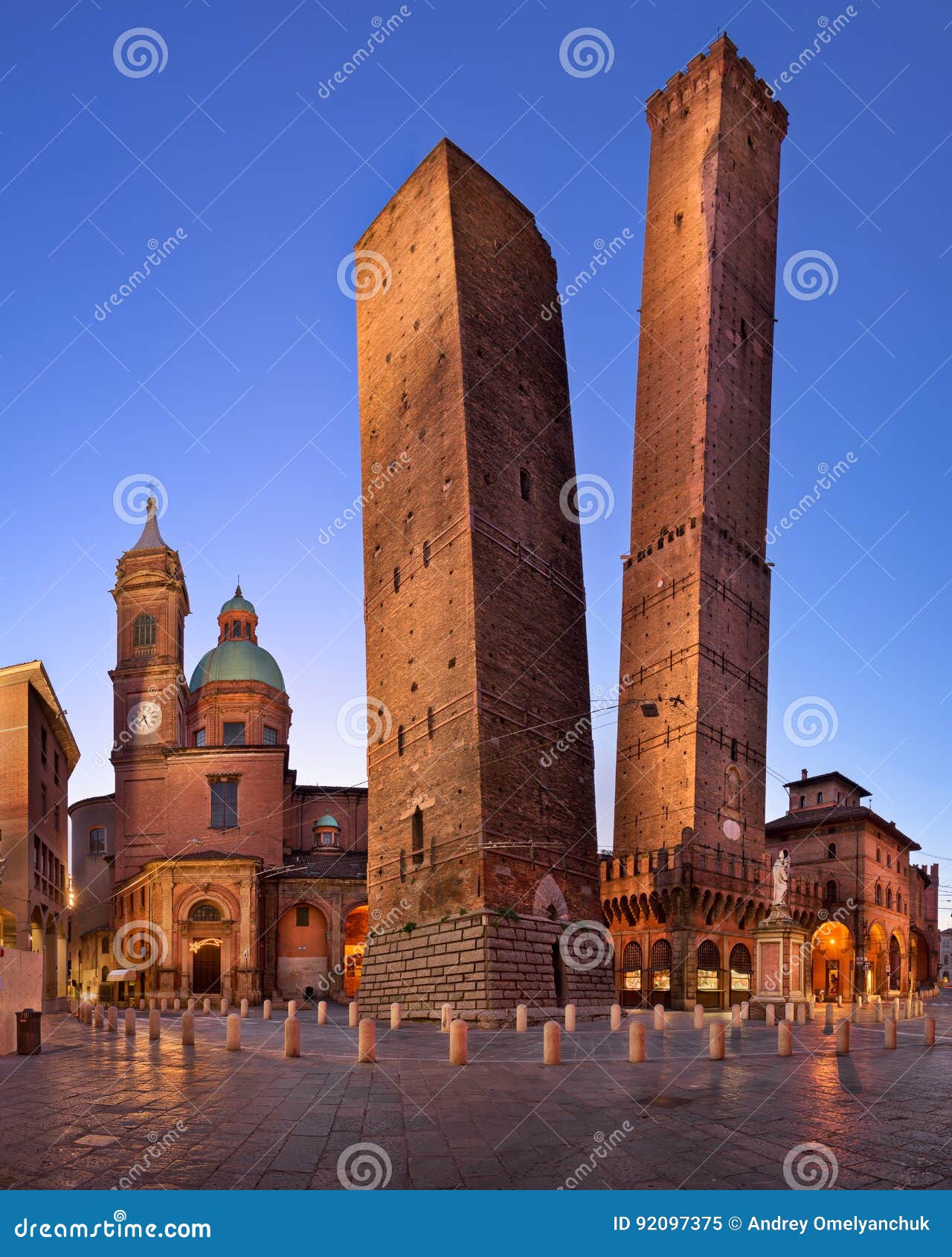 two towers and chiesa di san bartolomeo in the morning, bologna, emilia-romagna, italy