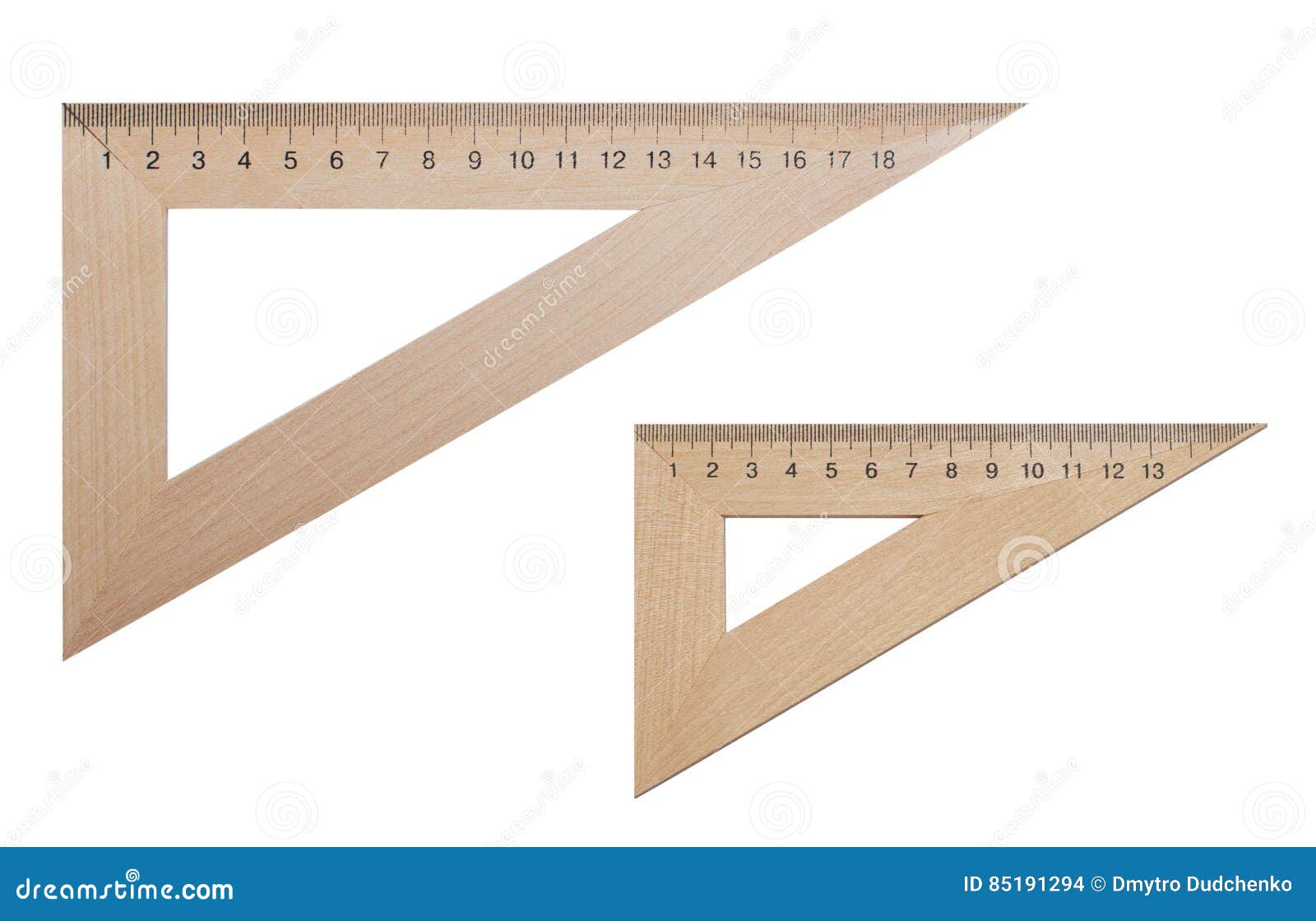 two triangular ruler made of wood 20 and 15 centimeters on a white,  background.