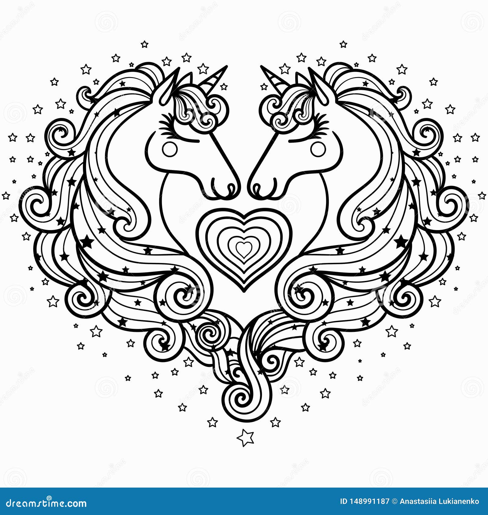 Two Unicorns With A Long Mane The Magical Animal Black And White Coloring Pages For Adults And Children Stock Vector Illustration Of Fairy Book 148991187
