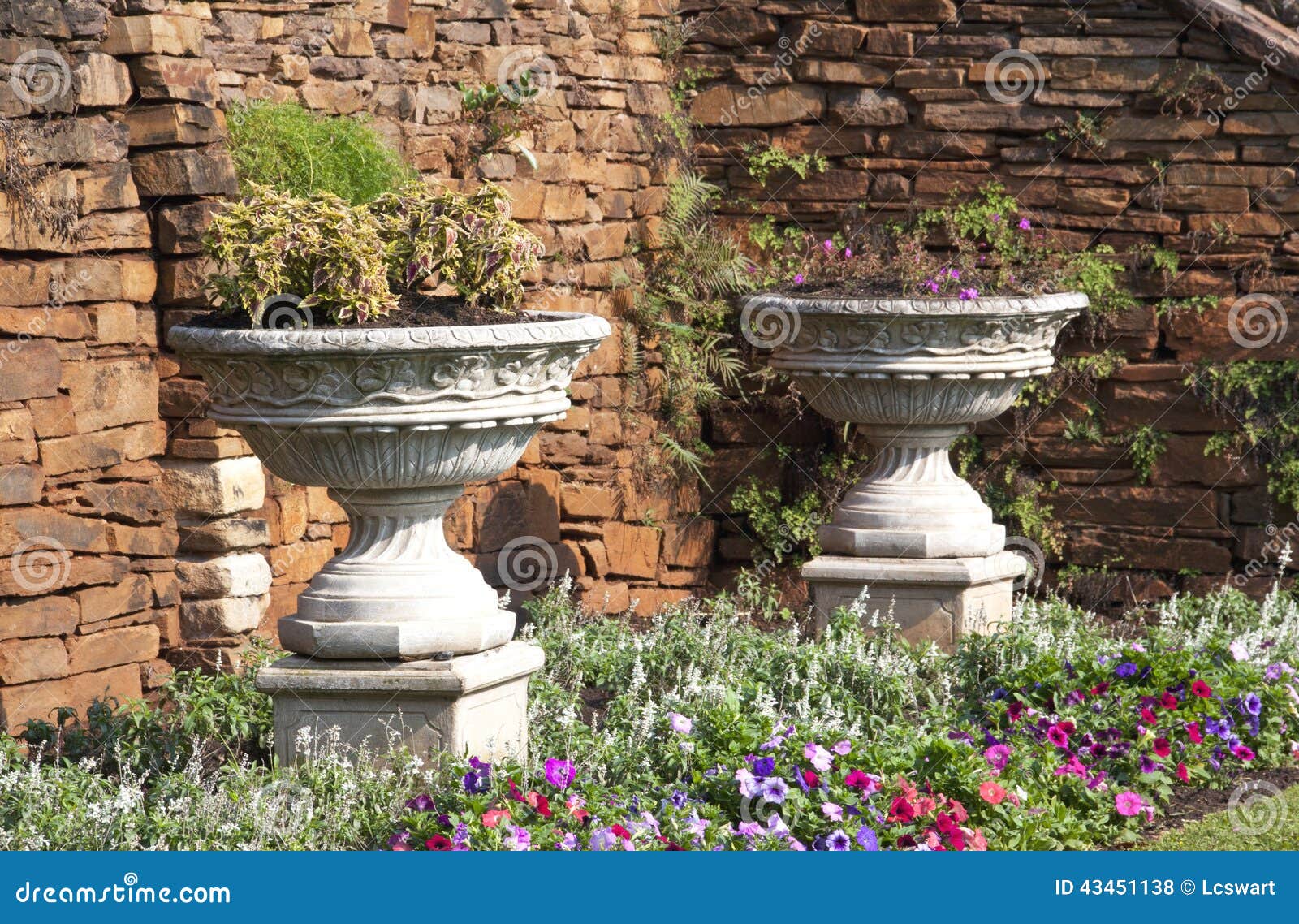 Two Urn Flower Pots In Garden Setting Stock Photo Image Of Summer Detail 43451138