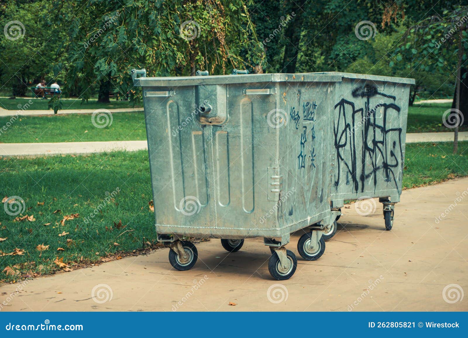 Two Vandalized Garbage Disposal Bins in the City Park in Skopje