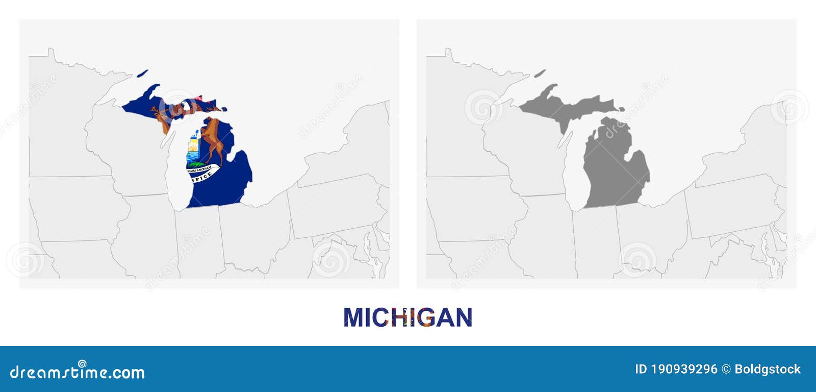 Two Versions of the Map of US State Michigan, with the Flag of Michigan