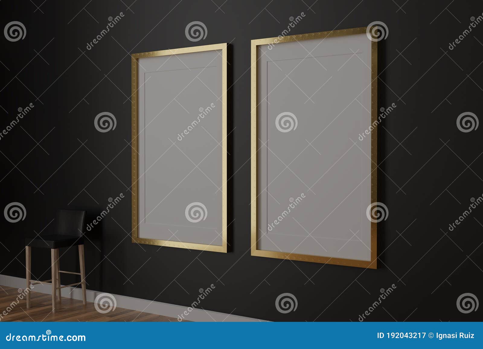 Two Vertical White Frame Mockup, Golden Frame on Black Wall, 3d Illustration Stock Illustration