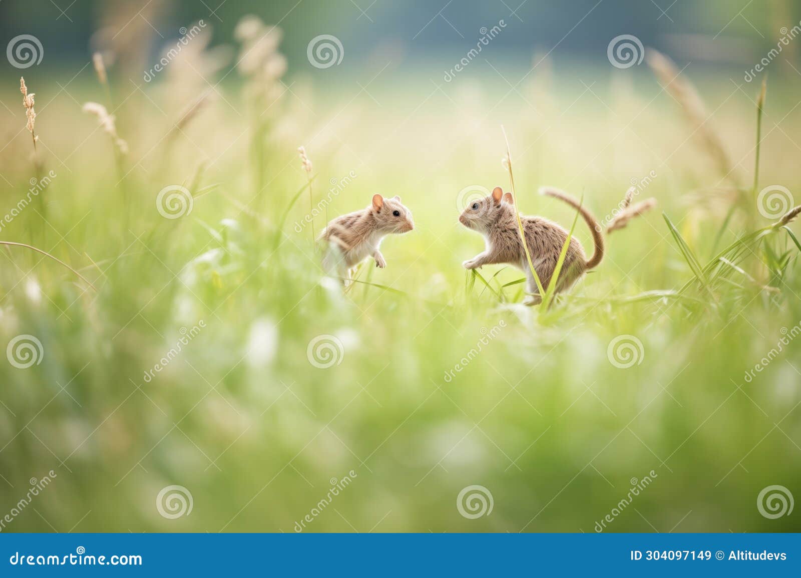 two voles chasing each other in a field