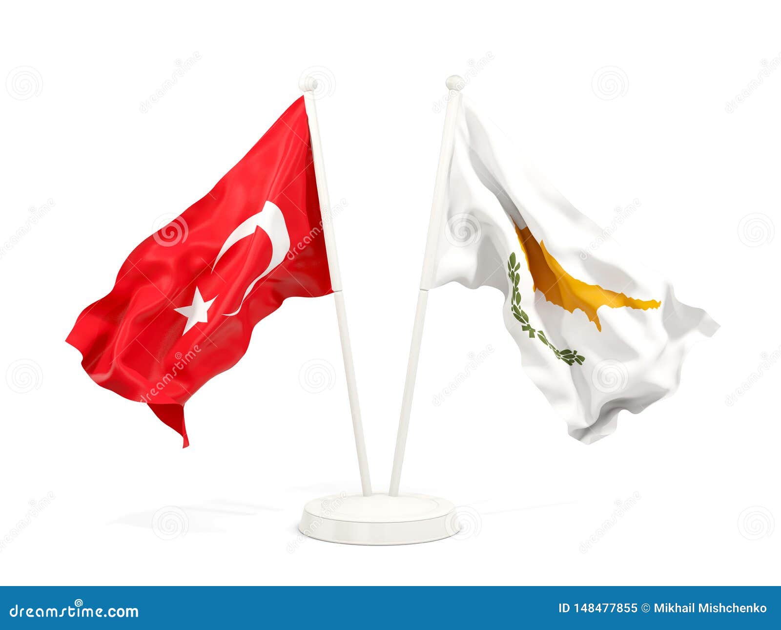 Two Waving Flags of Turkey and Cyprus Isolated on White Stock
