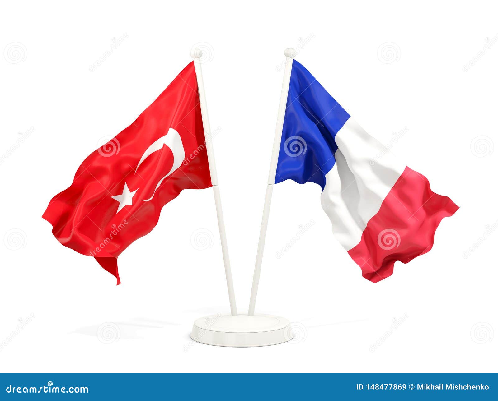 Two waving flags of Turkey and france isolated on white. 3D illustration