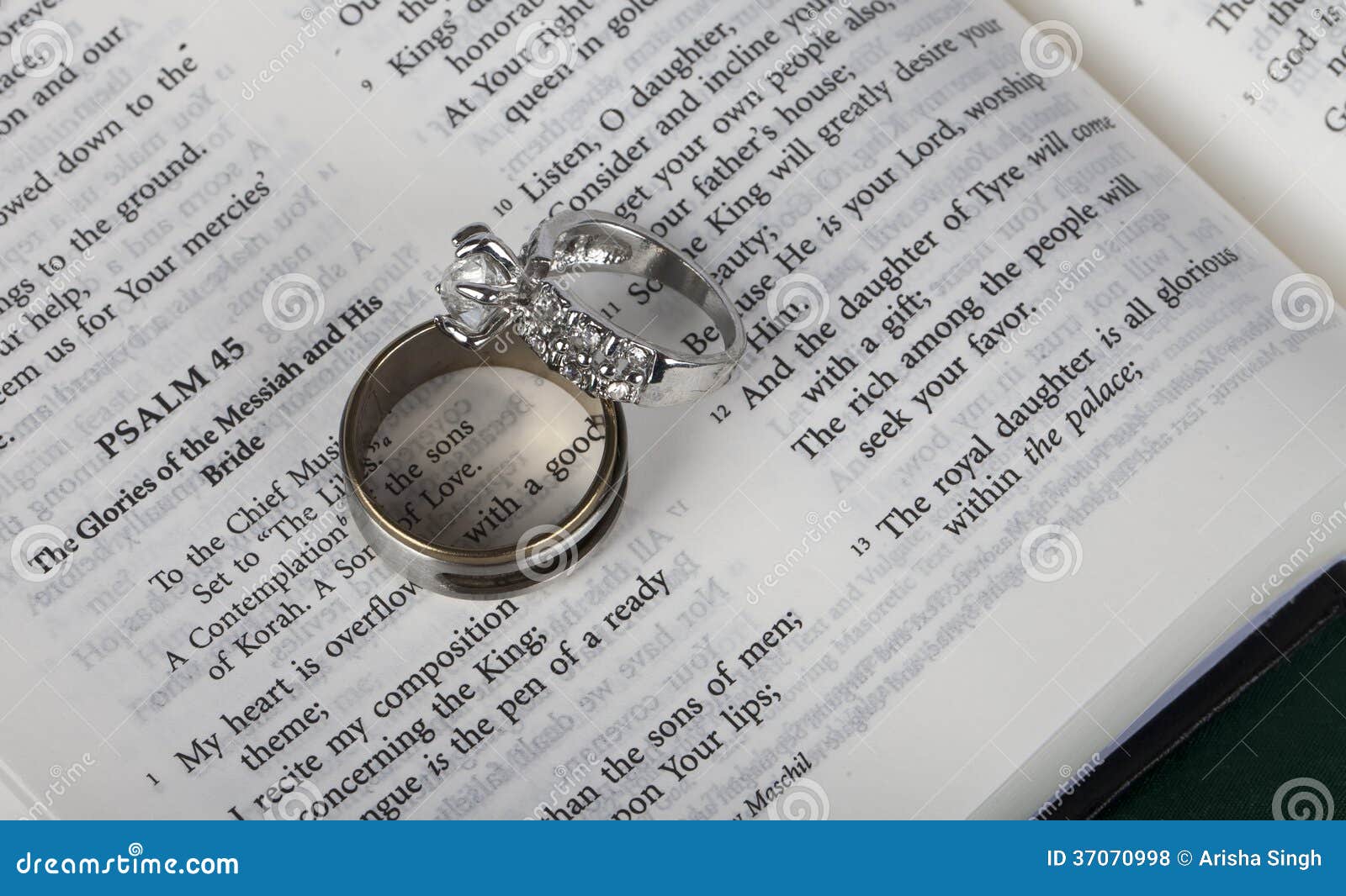 Two Wedding Rings on an Open Holy Bible Stock Photo Image of verse, devotions 37070998