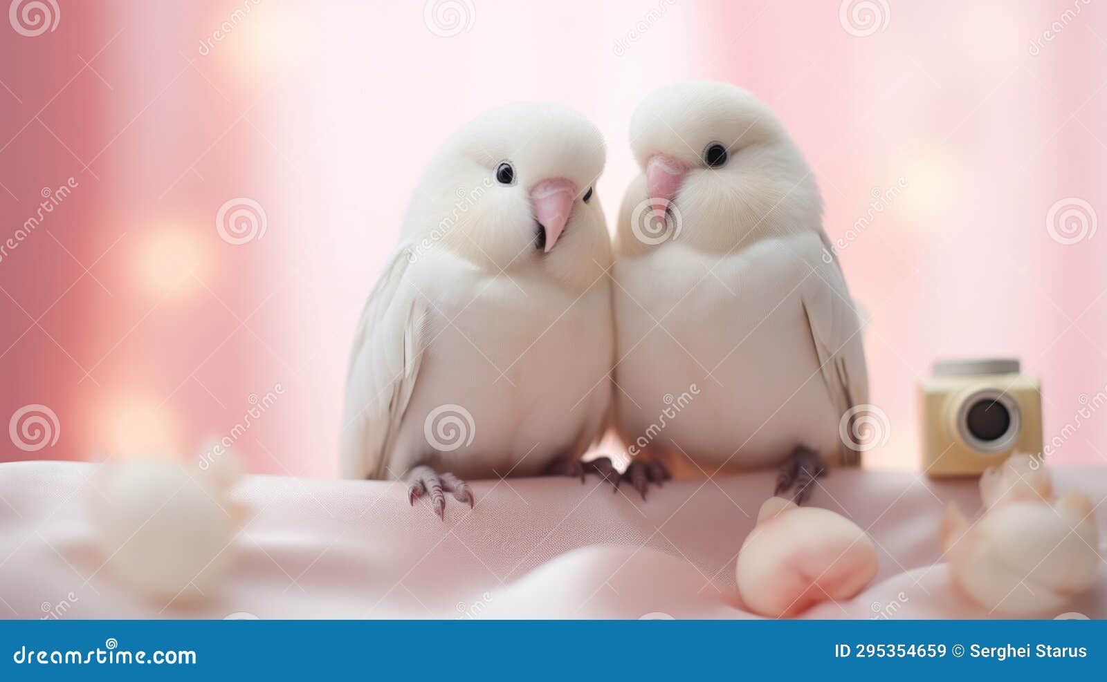 Two White Birds Sitting on a Pink Blanket, AI Stock Image - Image of