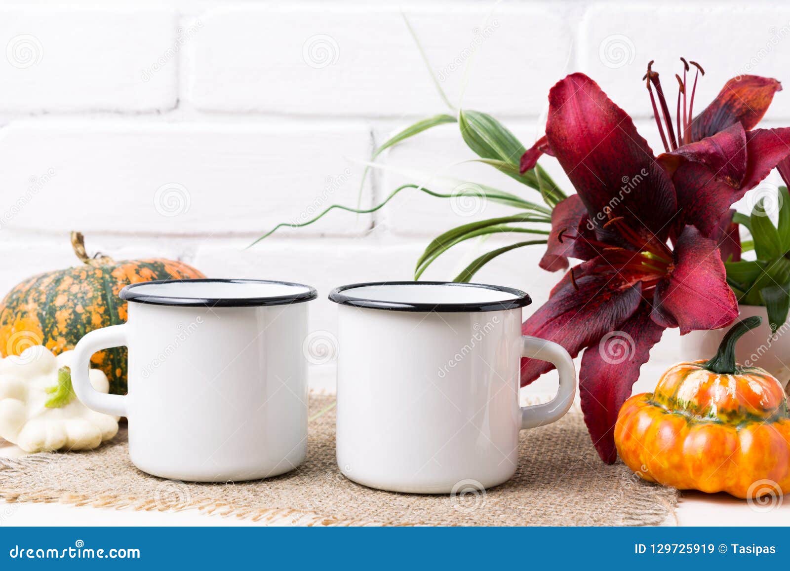Download Two White Campfire Enamel Mug Mockup With Pumpkin And Lily ...