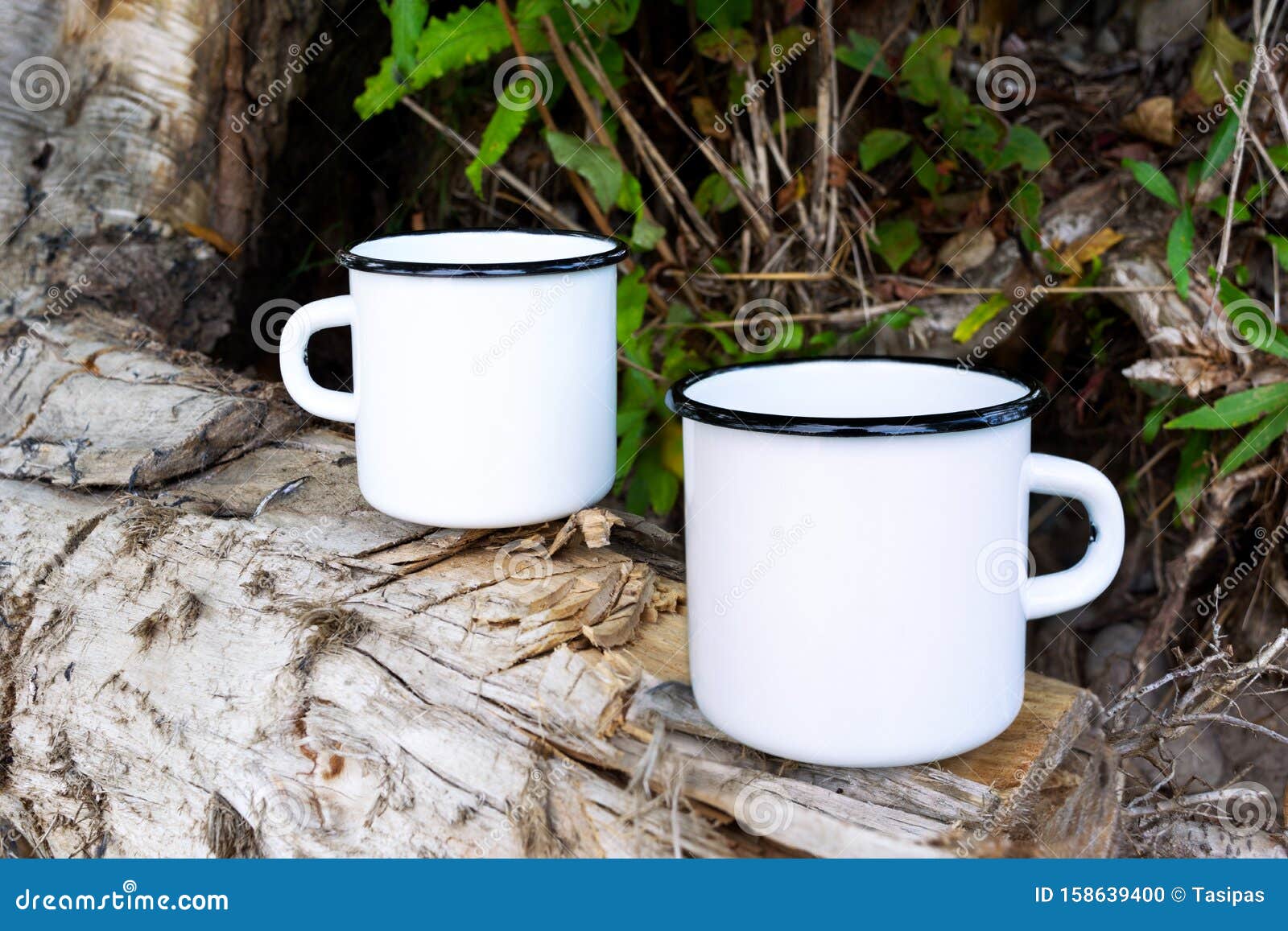 Download Two White Campfire Enamel Mug Mockup With Tree Stump Stock ...