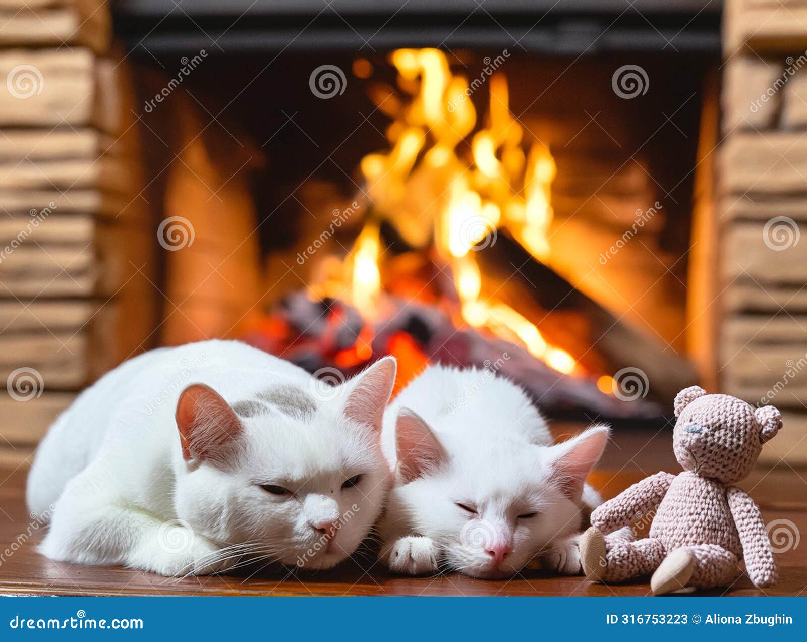 two white cats sleeping comfortably in front of the fireplace