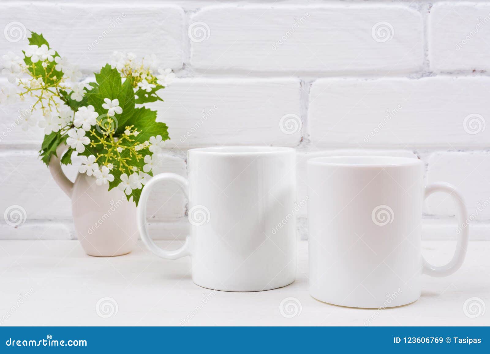 Download Two White Coffee Mug Mockup With Viburnum Flowers Stock ...