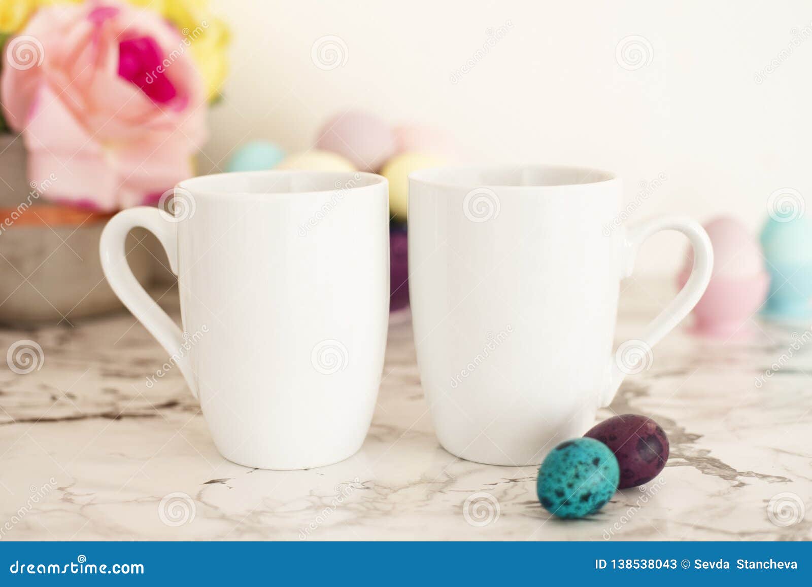 Download Two White Mugs Mockup Easter Theme Easter Eggs Colorful Eggs In Matte Colors Light Marble Background Stock Image Image Of Design Customizable 138538043
