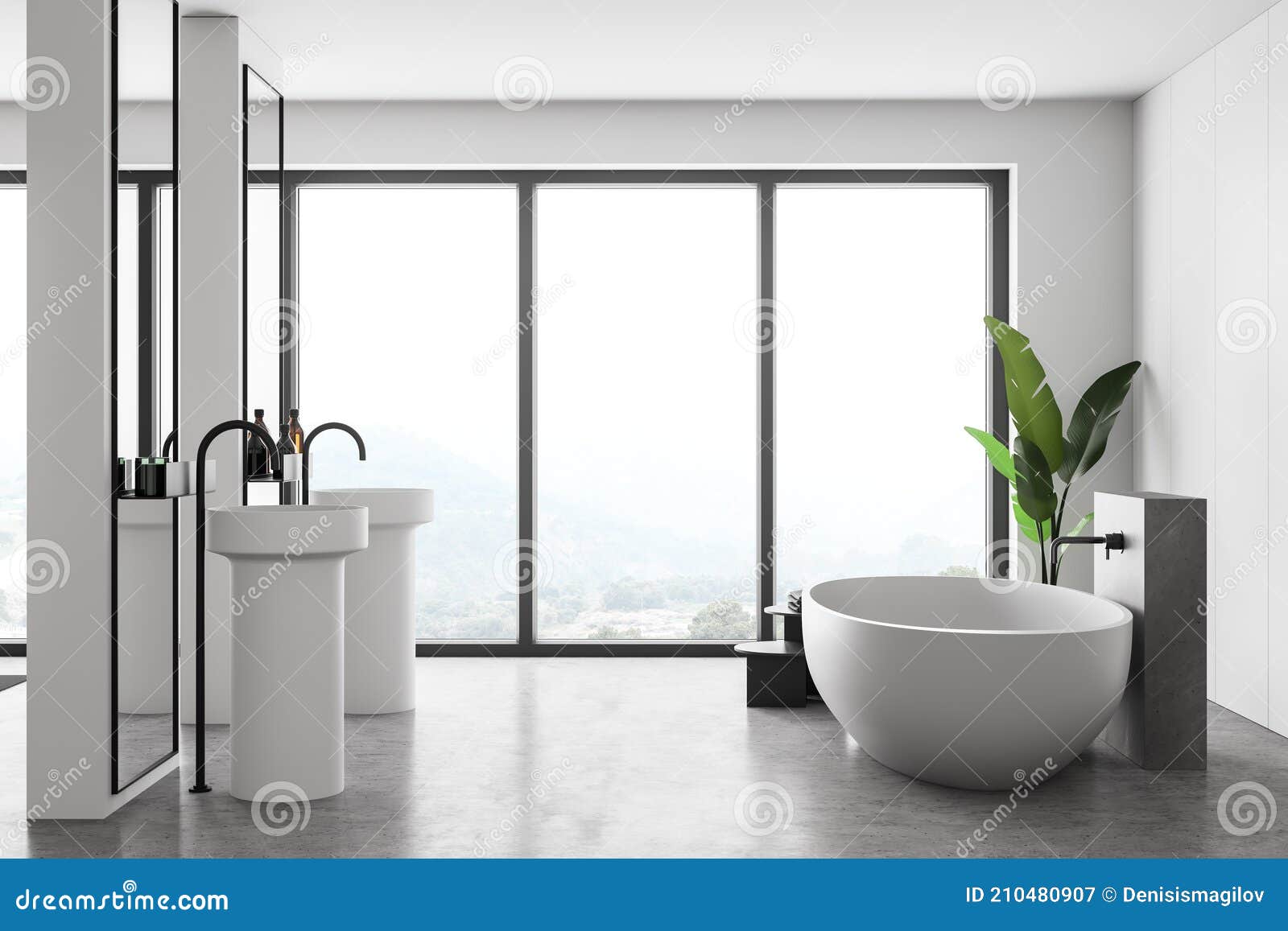 Two White Sinks and Bathtub in House on Marble Floor Near Window Stock ...