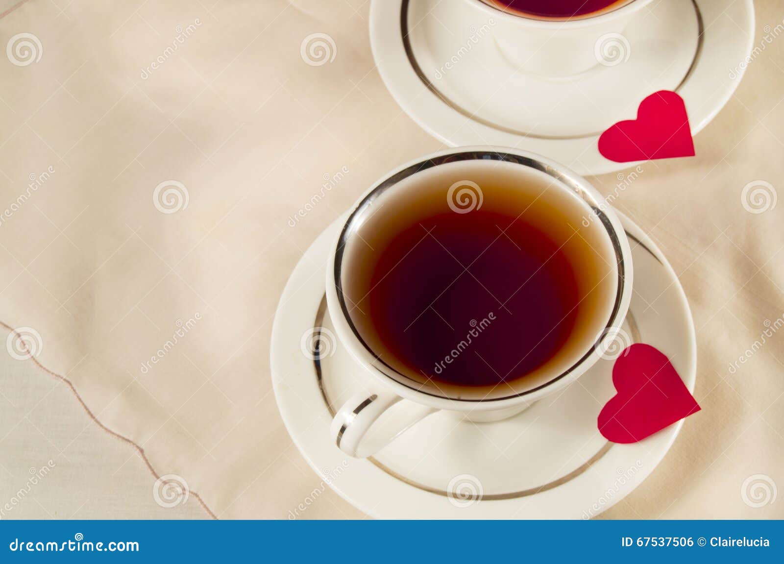 Two White Tea Cups on a Saucer with Red Hearts Stock Photo Image of