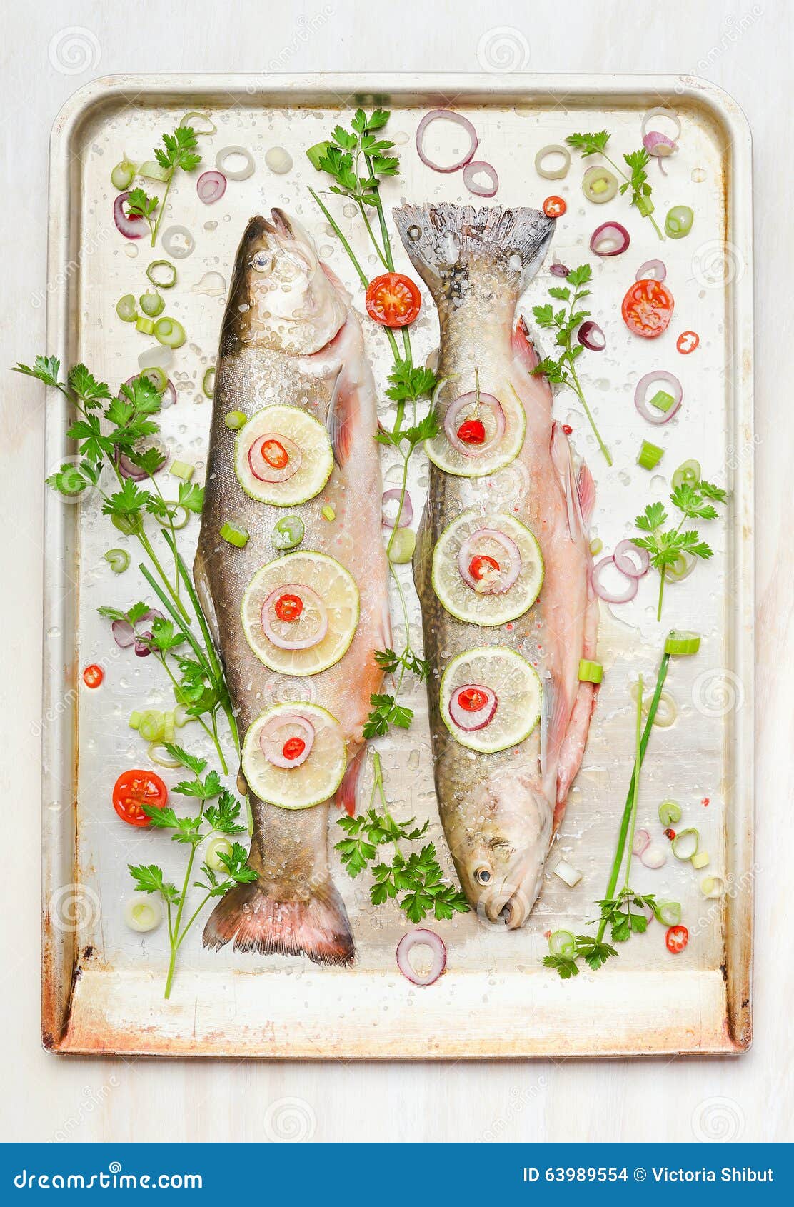 Two Whole Fish with Ingredients on Baking Pan Stock Photo Image of