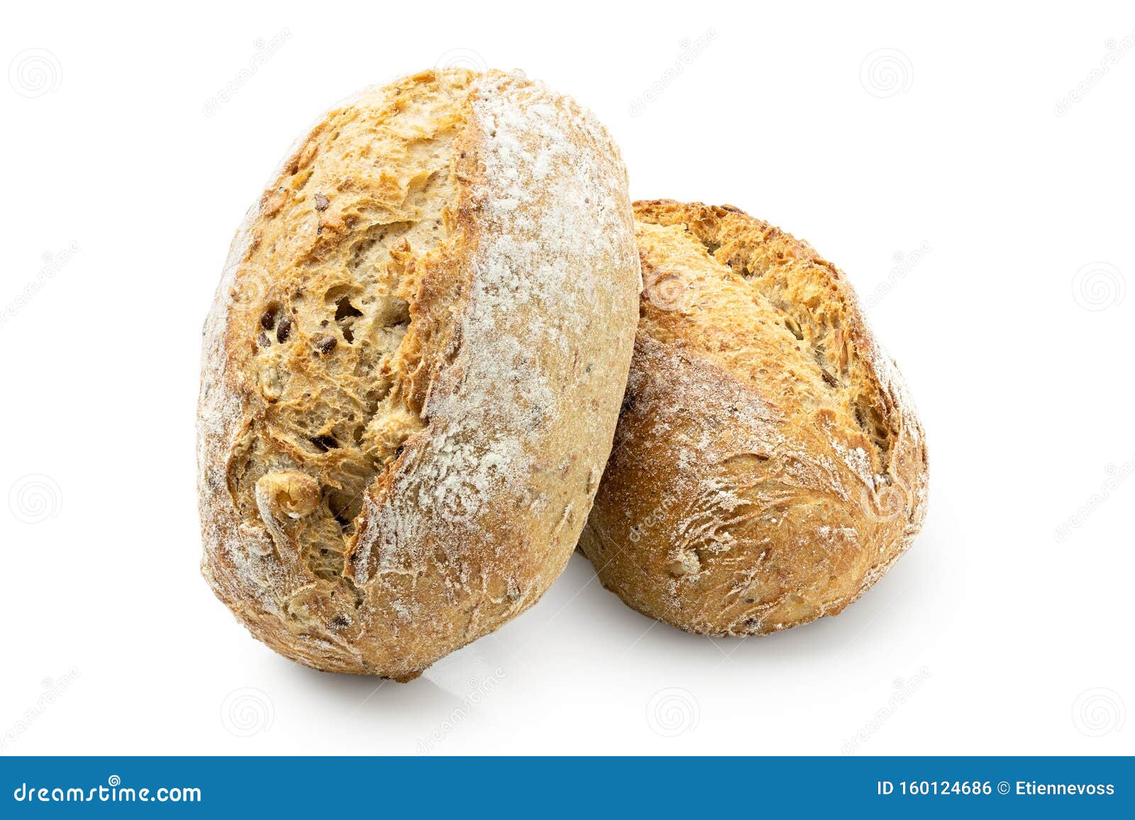 Two Whole Grain French Bread Rolls Isolated on White Stock Photo