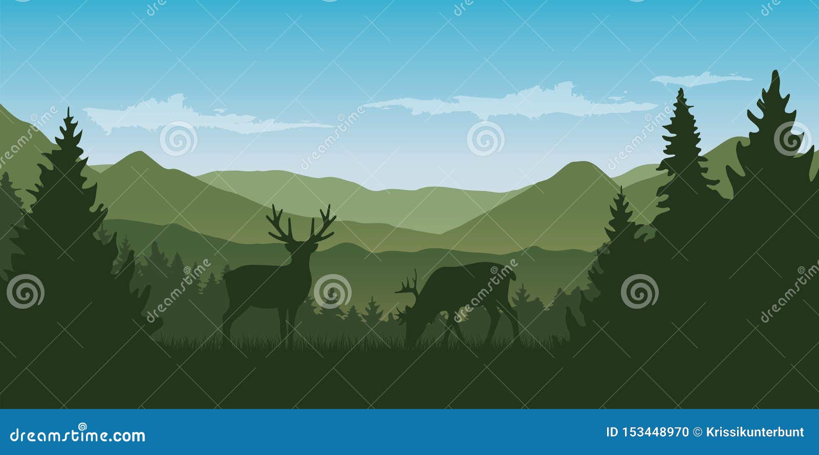 Two Wildlife Reindeers on Green Mountain and Forest Landscape Stock ...