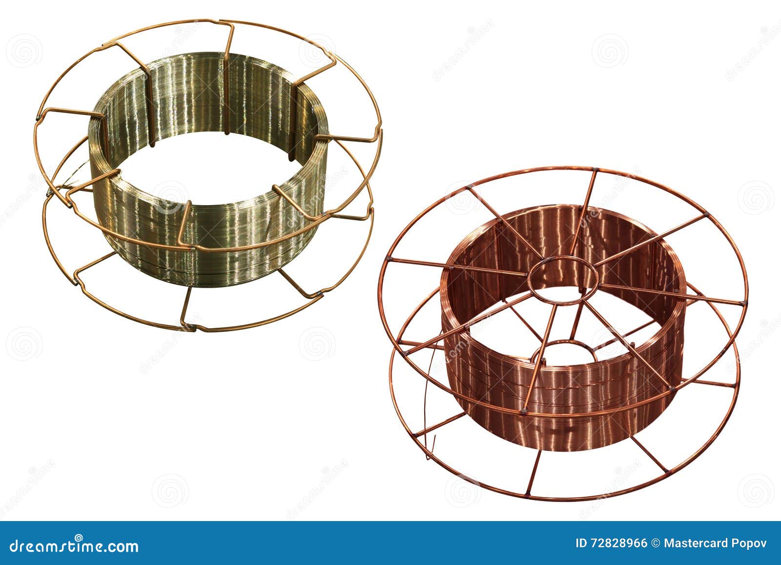 Two wire spool. Copper and steel welding wire on white background