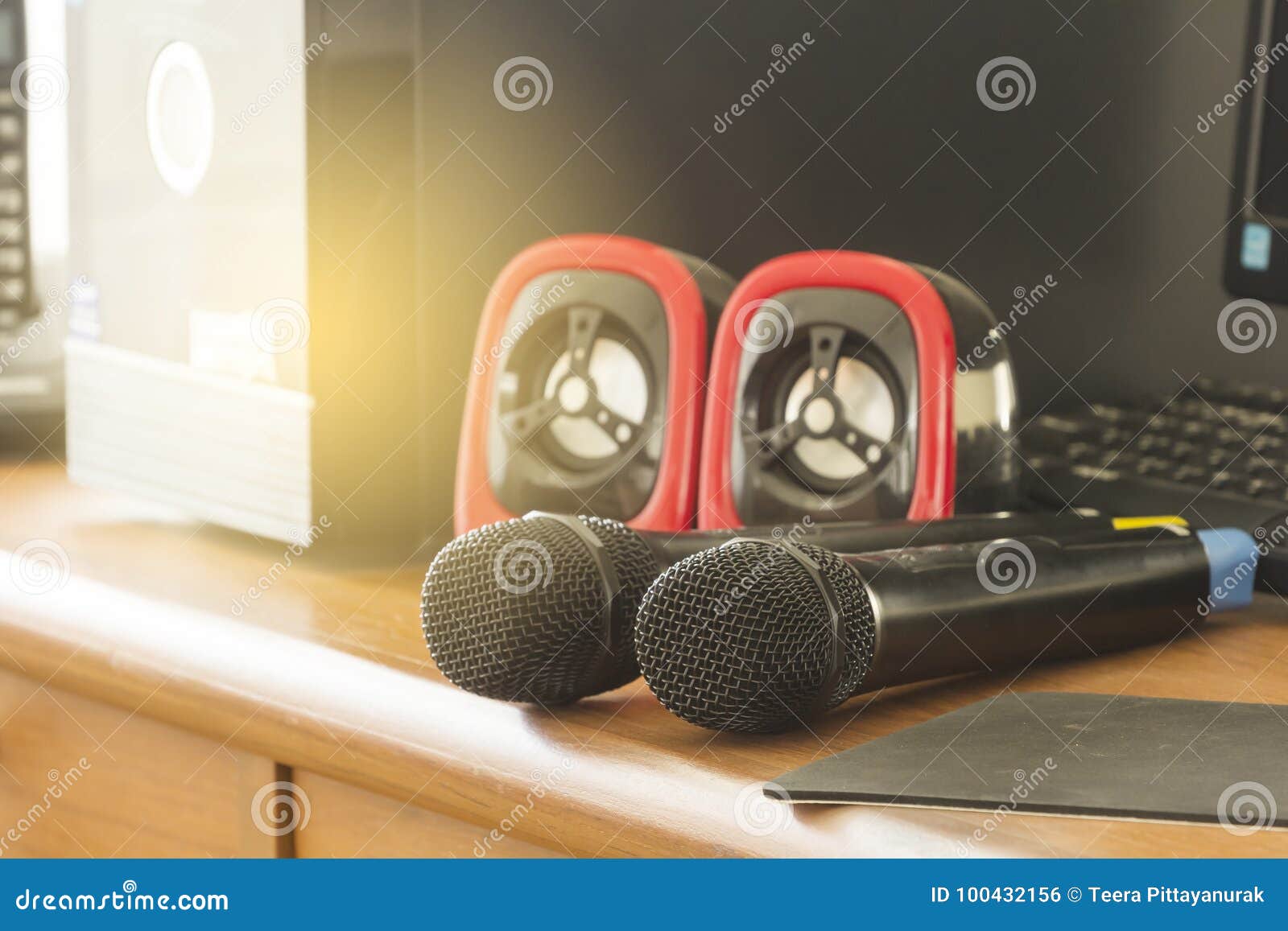 Two Wireless Microphones on the Conference Table. Stock Photo Image