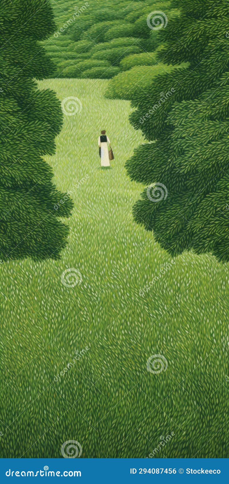endless lawn: a painting of two men in a serene expanse of green trees