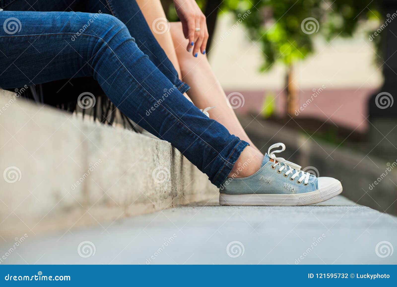 Women Wearing Sneakers Sitting on Stairs Stock Photo - Image of blue ...