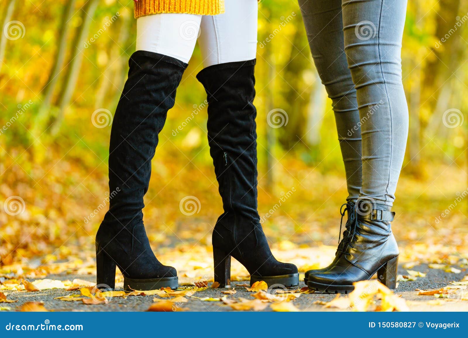 Two Women Wearing Autumn Black Boots Shoes Stock Image - Image of ...