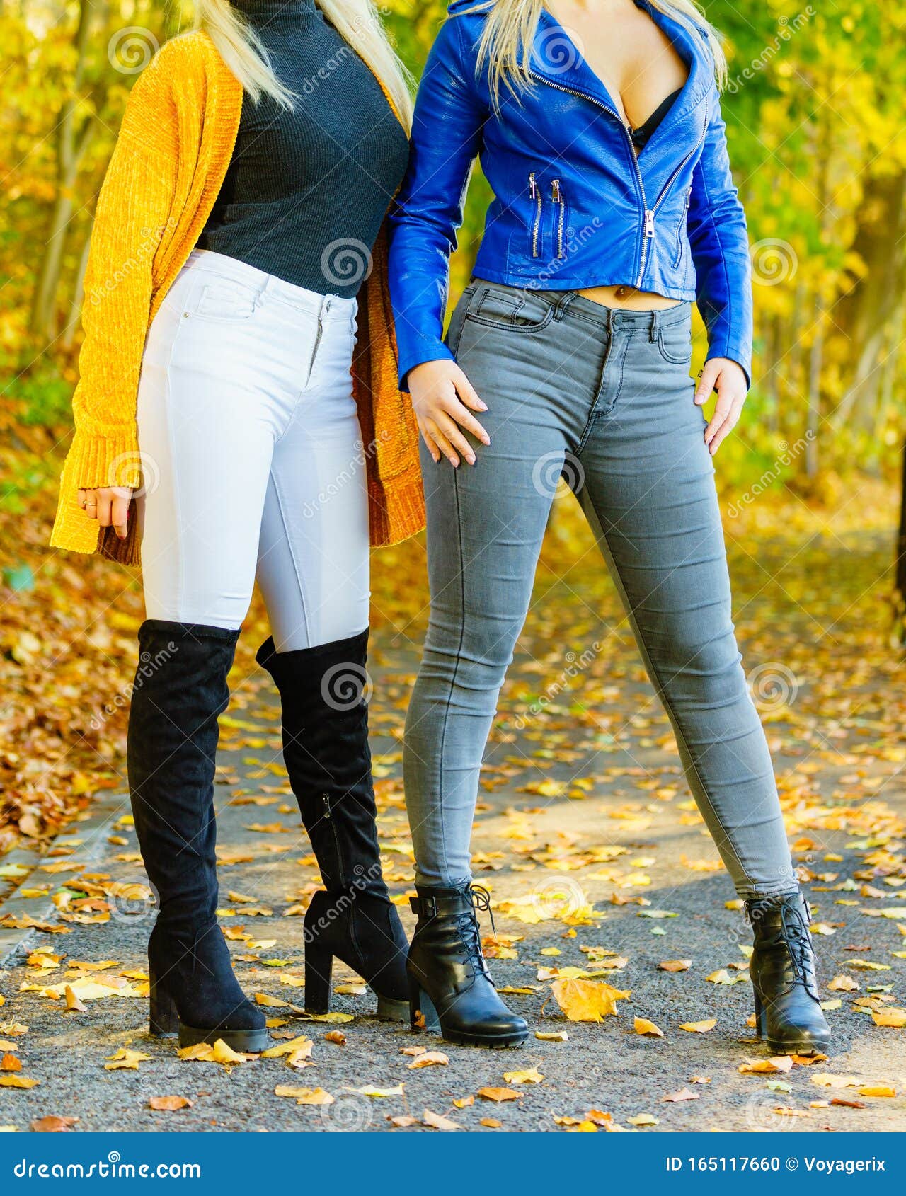 Two Women Wearing Autumn Black Boots Shoes Stock Photo - Image of ...