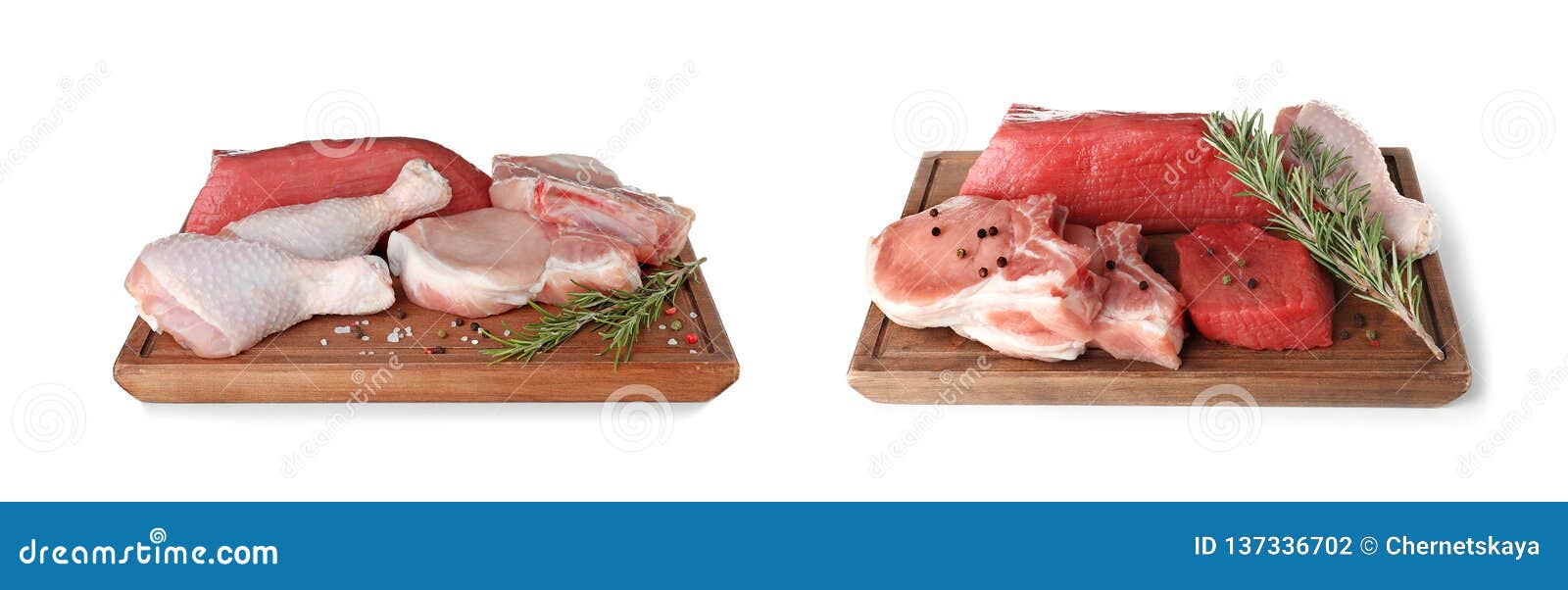 Two Wooden Cutting Boards with Different Kinds of Raw Meat Stock Photo