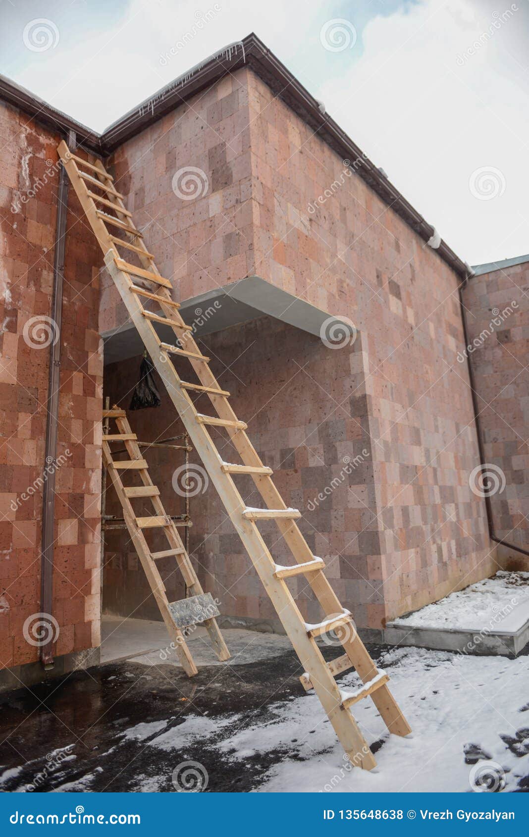 Two Wooden Ladders Near the Building Stock Photo Image of city