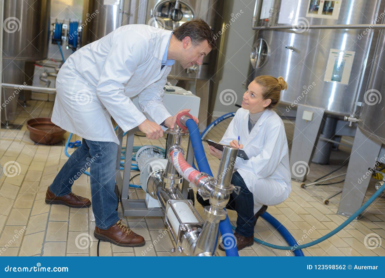 Two Workers in Lab Coats Showing Their Dairy Production Process Stock