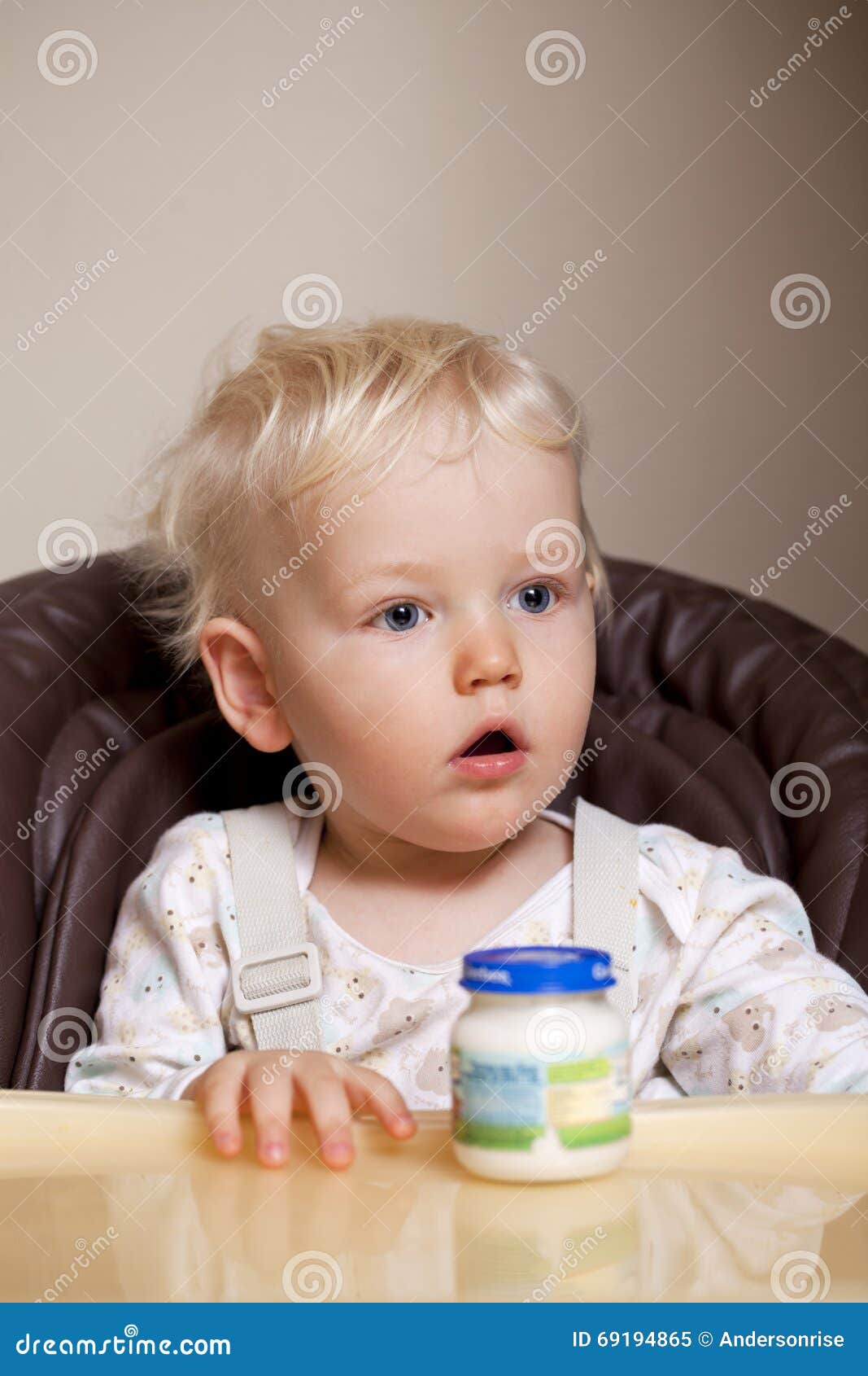 Two Year Baby Boy Sitting at the Dinner Table Stock Image Image of