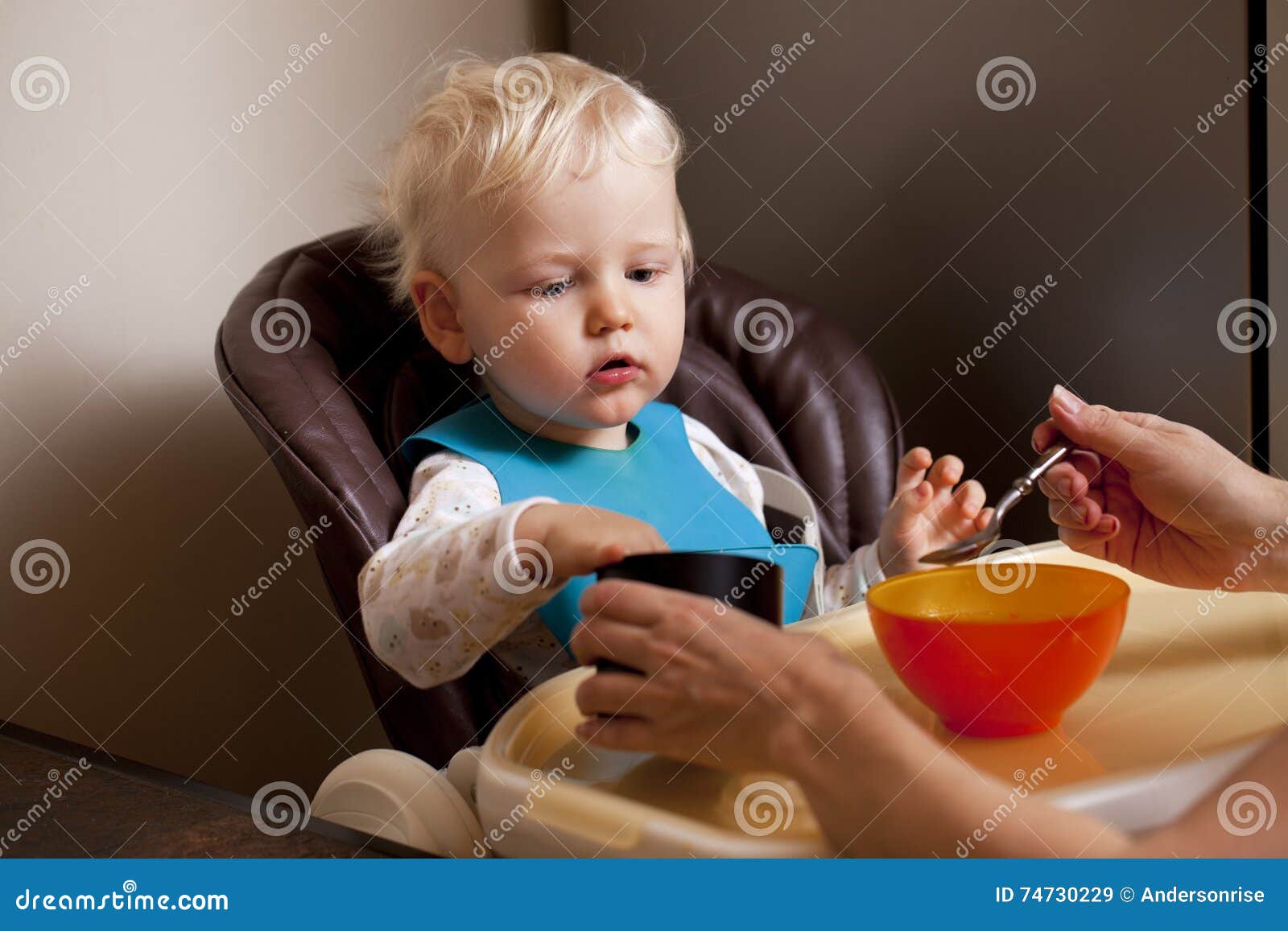 Two Year Baby Boy Sitting at the Dinner Table Stock Image Image of