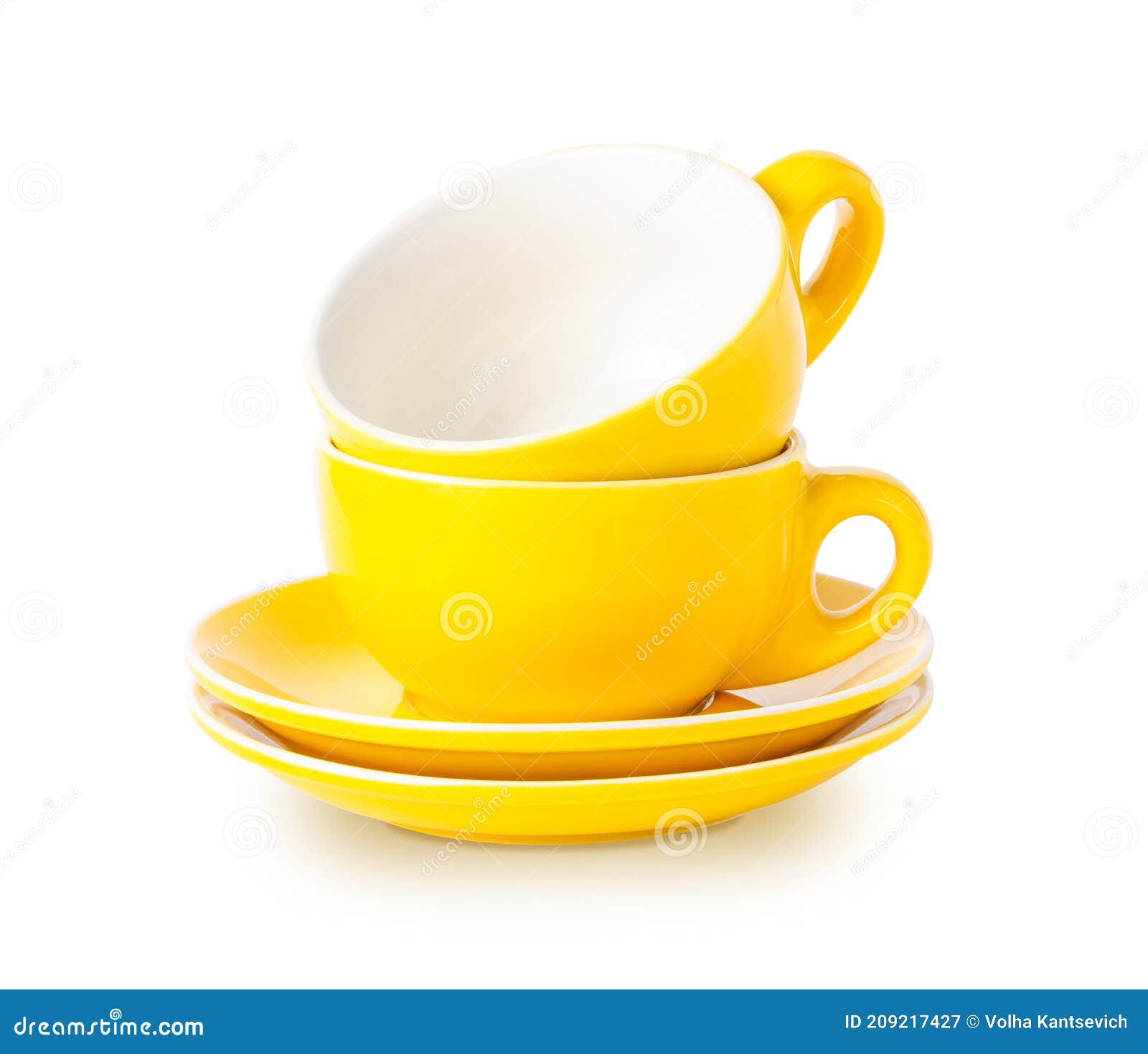 Two Yellow Cups on Saucers in a Stack Isolated on White Background Stock Image Image of saucer