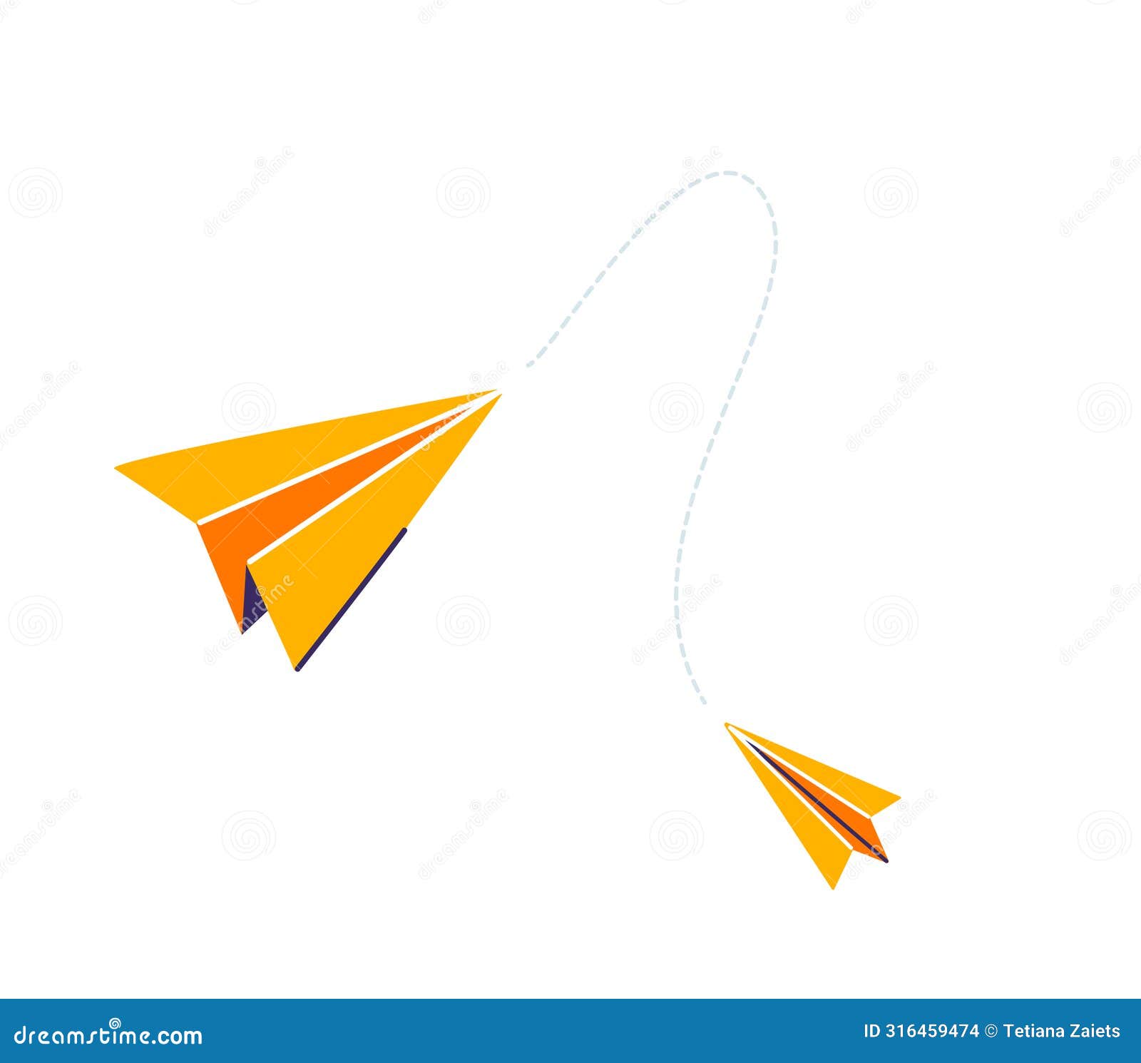 two yellow paper planes connected dash line  .  on white background