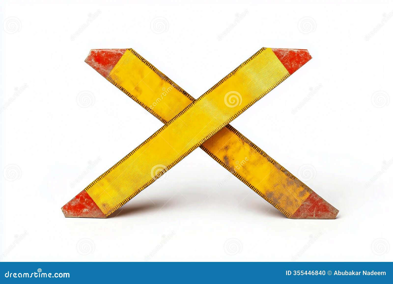 two yellow planks, marked with red tips, form an x-. stop sign, white background