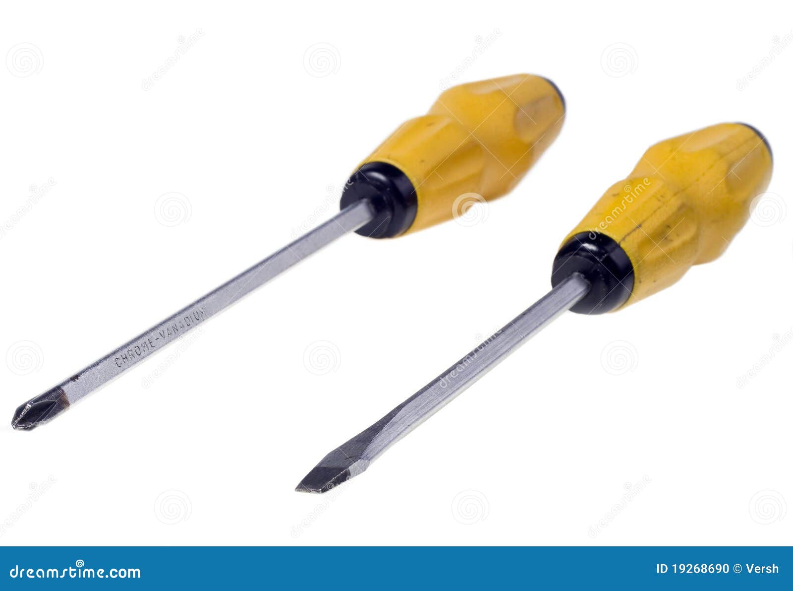 Two yellow screwdriver stock photo. Image of hand, white 19268690