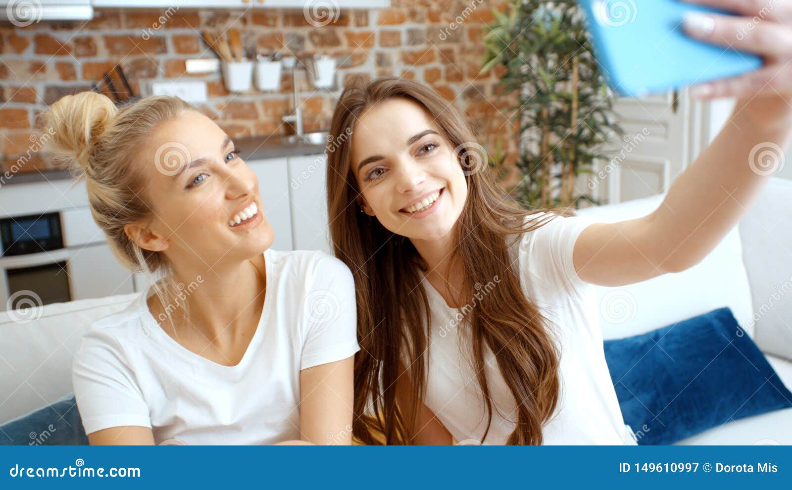 Two Young Girls Making Selfie at Home. Stock Image - Image of ...