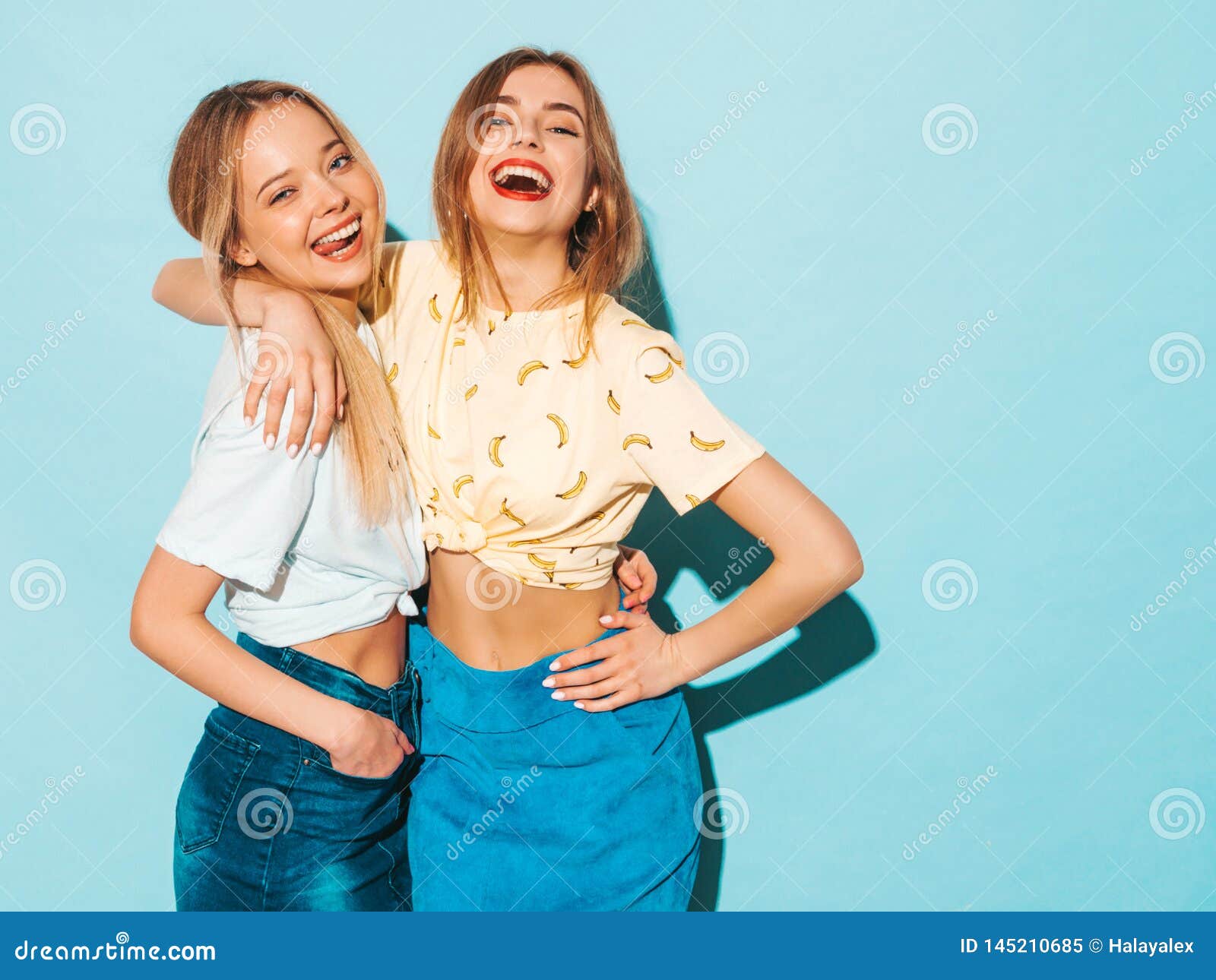 Two Young Beautiful Hipster Girls in Trendy Clothes in Studio Stock ...