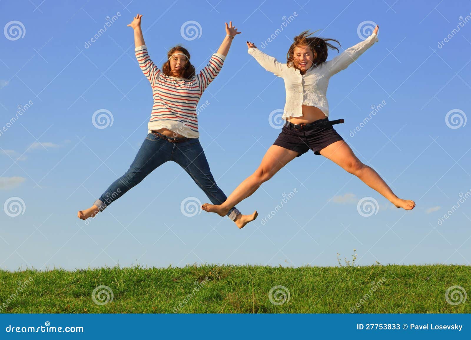 Two Young Fat Girls Jump at Grass Stock Image Image of full, barefoot