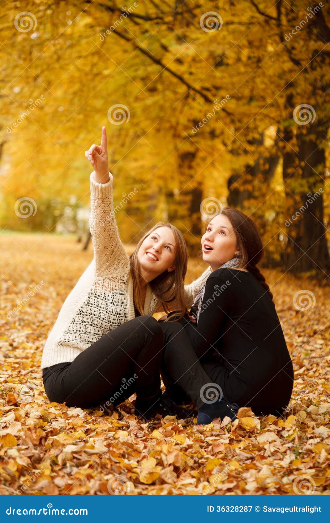 Two young females outdoors stock image. Image of pointing - 36328287