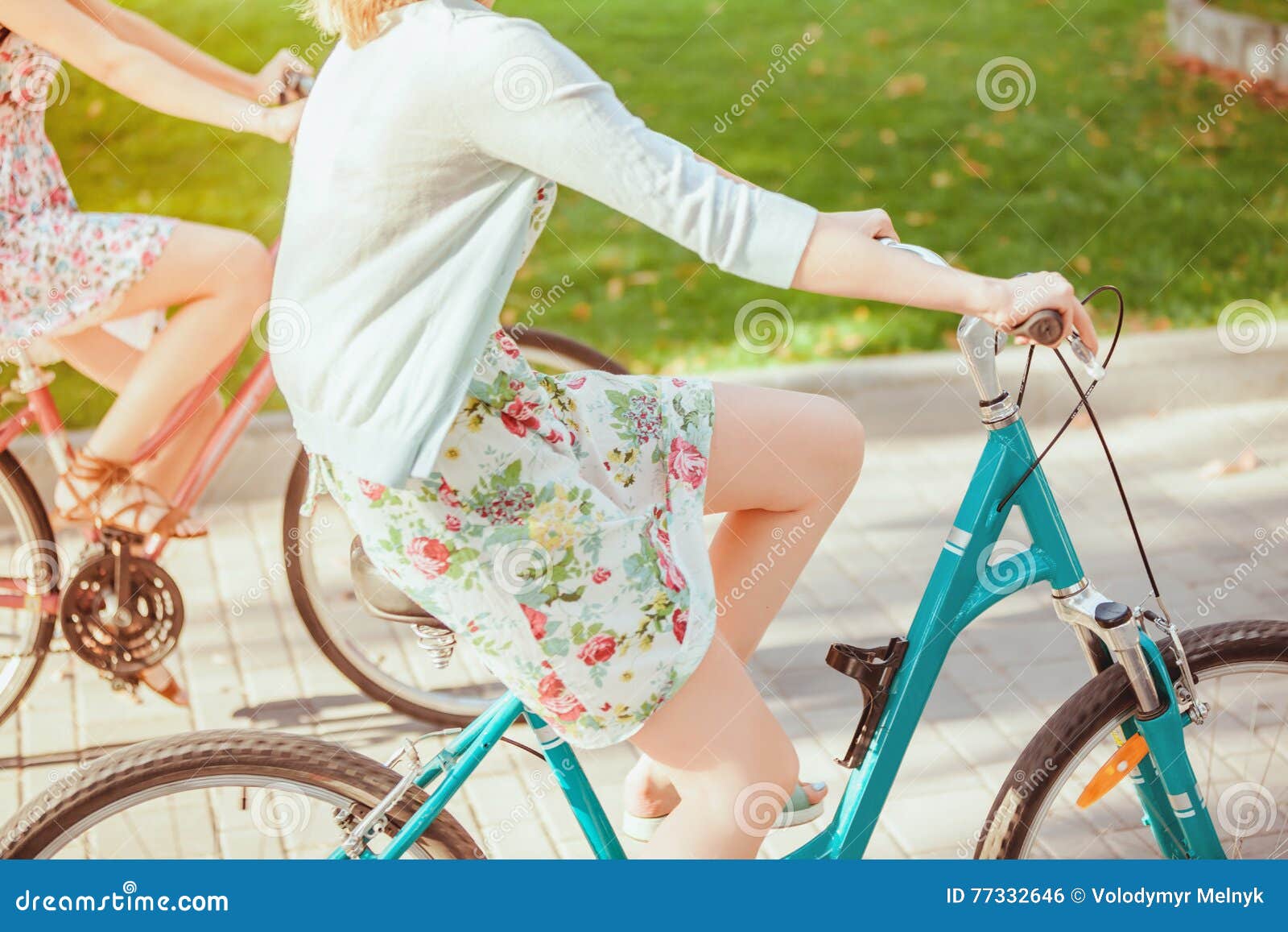 The Two Young Girls with Bicycles in Park Stock Photo Image of