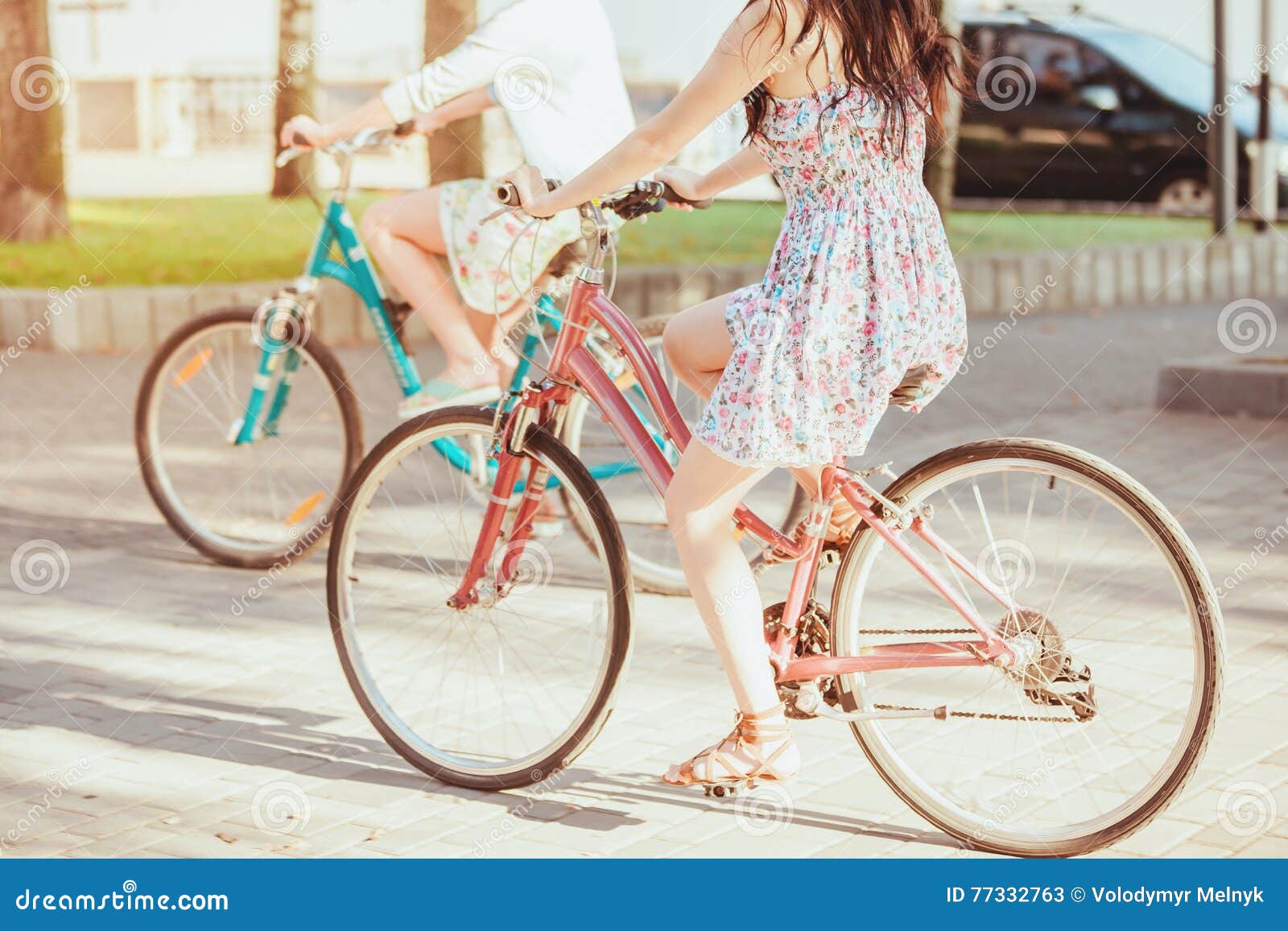 The Two Young Girls with Bicycles in Park Stock Image Image of active